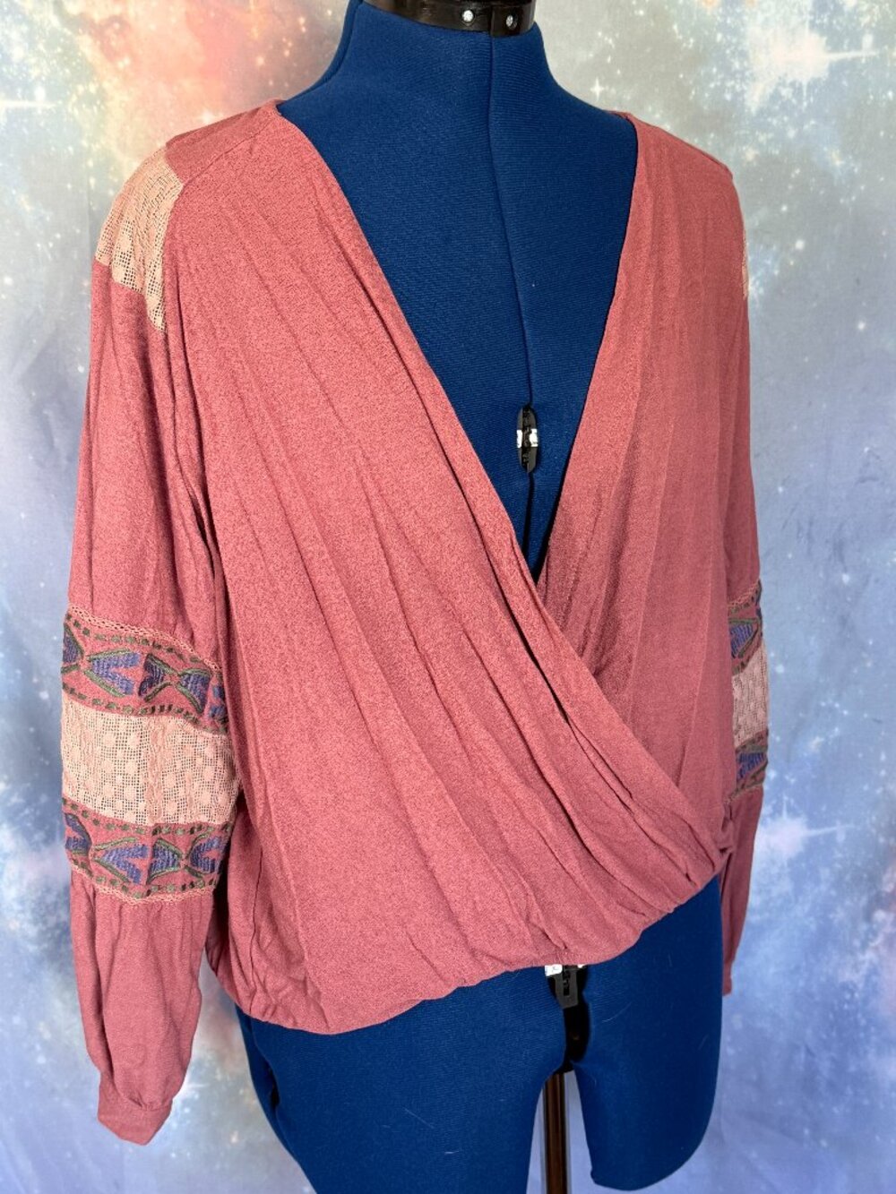 Mystree Mauve Pink Boho Wrap Top Lace Embroidery L
